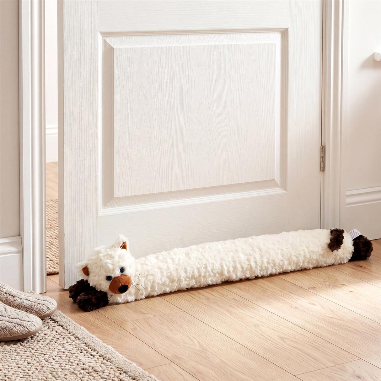 Plush cream draught excluder with black cat ends rests horizontally on a wooden floor.