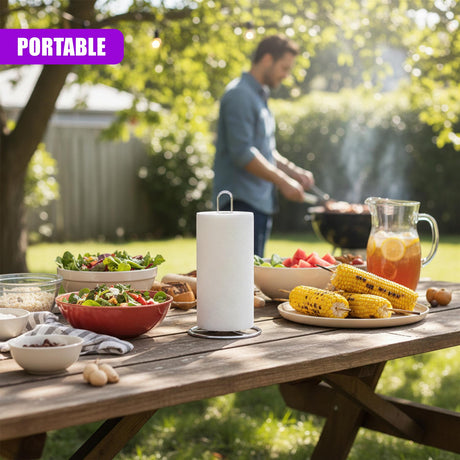 A white paper towel roll stand on a metal base rests on an outdoor wooden picnic table.