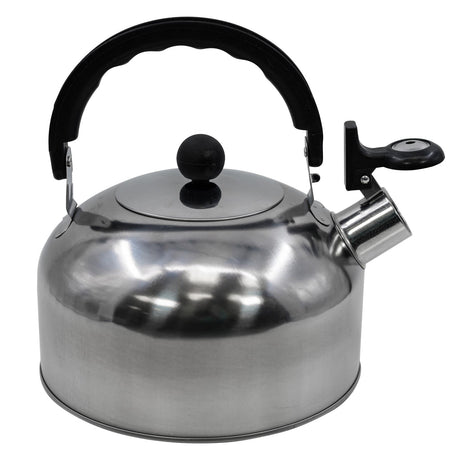 A large black and silver whistling tea kettle.