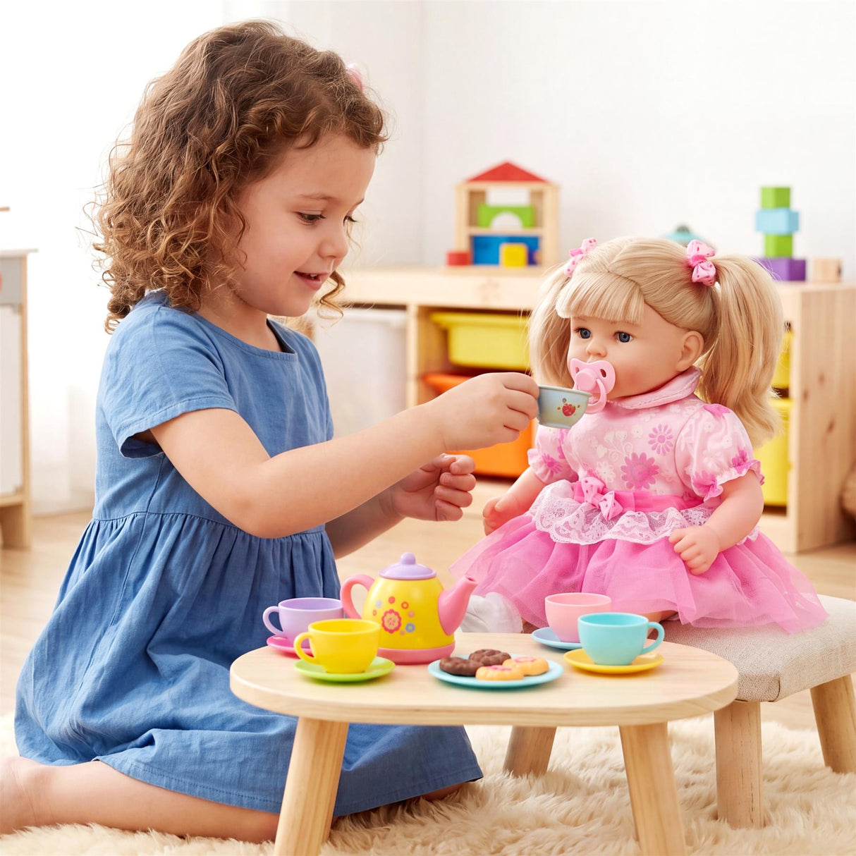 Little girl feeding doll with teacup on small wooden table.