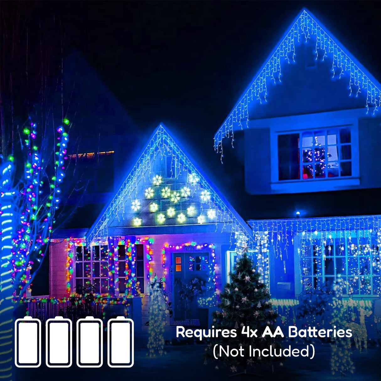 The image displays a house decorated with lights.