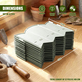 Set of twelve curved garden edging pieces stacked, showing dimensions of 17.5 cm by 21 cm.