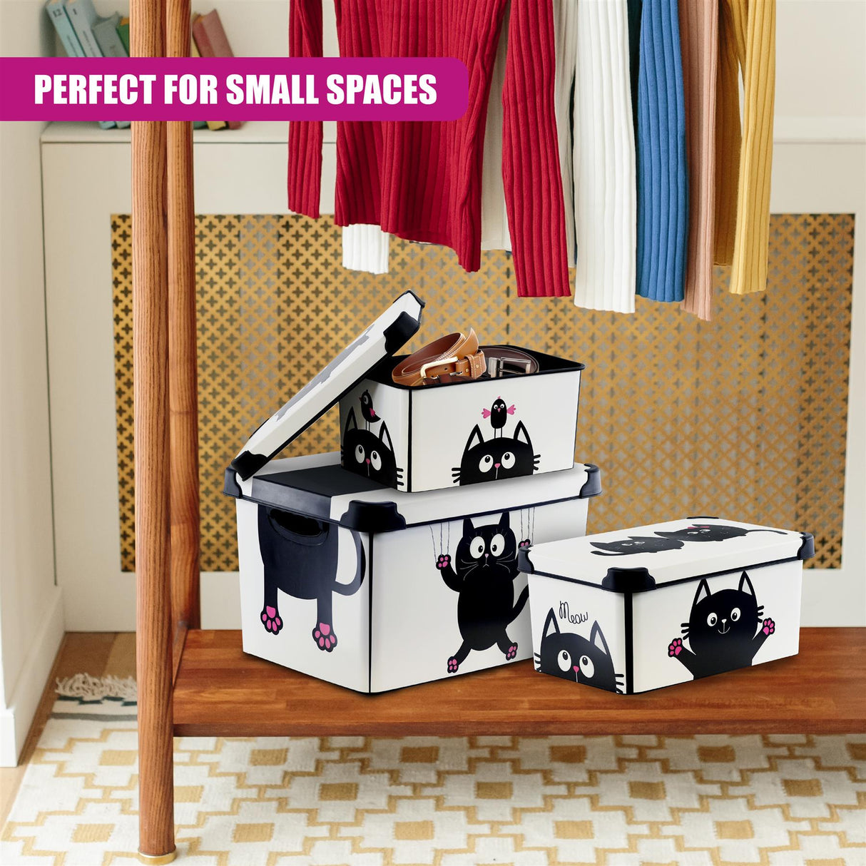 Cat Themed Storage Boxes with Lids - Set of 3 by GEEZY - UKBuyZone