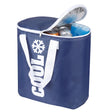Deep blue cooler bag featuring white lettering, shown open and holding canned drinks and blue inserts.