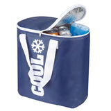 Deep blue cooler bag featuring white lettering, shown open and holding canned drinks and blue inserts.