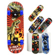 Skateboard display featuring a T-Rex graphic, alongside an assortment of patterned decks.