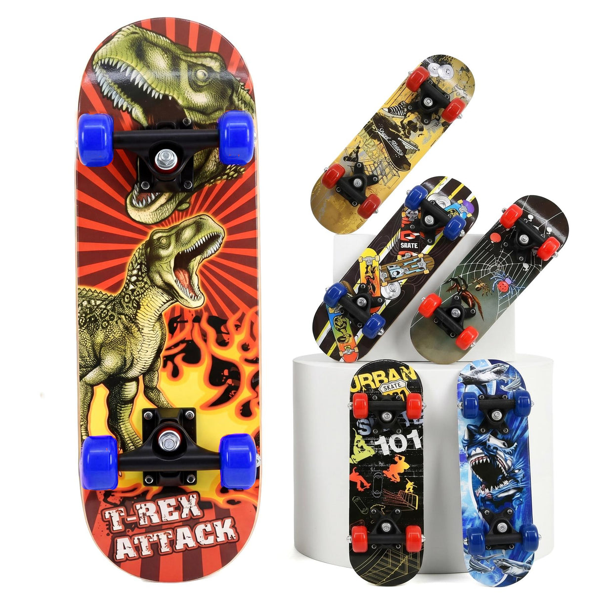Skateboard display featuring a T-Rex graphic, alongside an assortment of patterned decks.