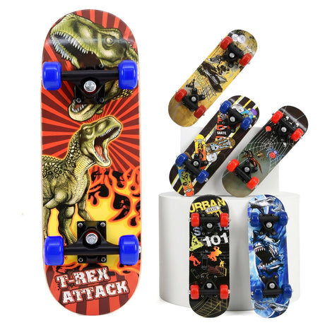 Skateboard display featuring a T-Rex graphic, alongside an assortment of patterned decks.