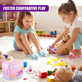 A grouping of plastic shoes, jewelry, and colorful wooden toys are displayed on a plush white rug.