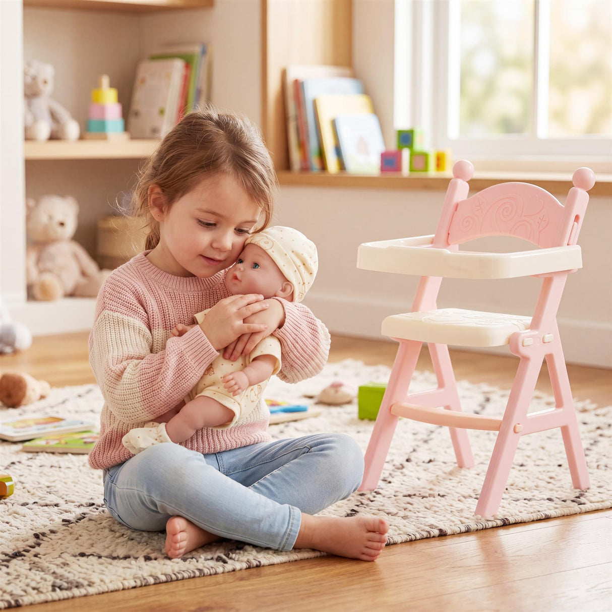 Girl kneeling with a doll and a pink high chair accessory in a play setting.