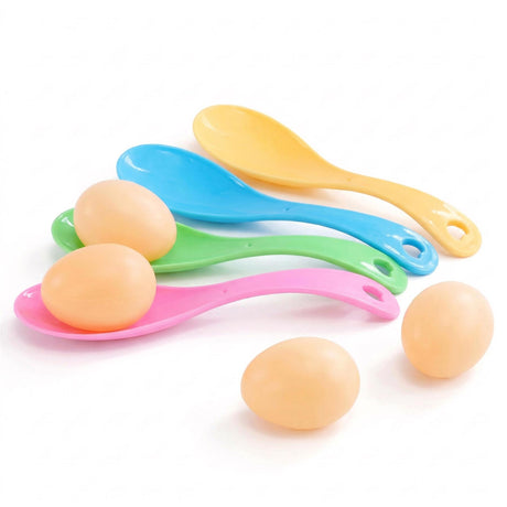 Colorful plastic spoons in multiple colors and several smooth, light brown eggs.