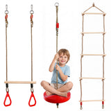 Suspension play set featuring trapeze bar, circular swing seat, and ladder rungs.