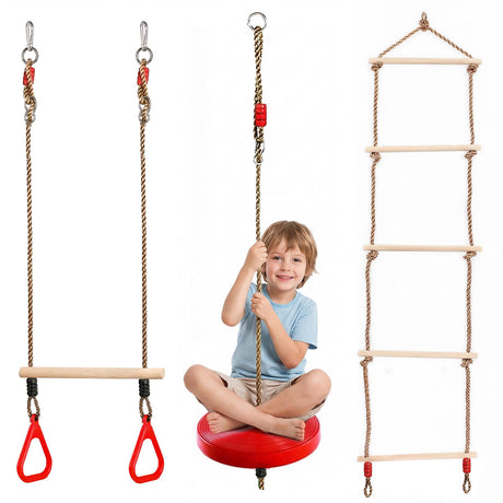 Suspension play set featuring trapeze bar, circular swing seat, and ladder rungs.
