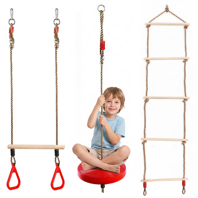 Suspension play set featuring trapeze bar, circular swing seat, and ladder rungs.