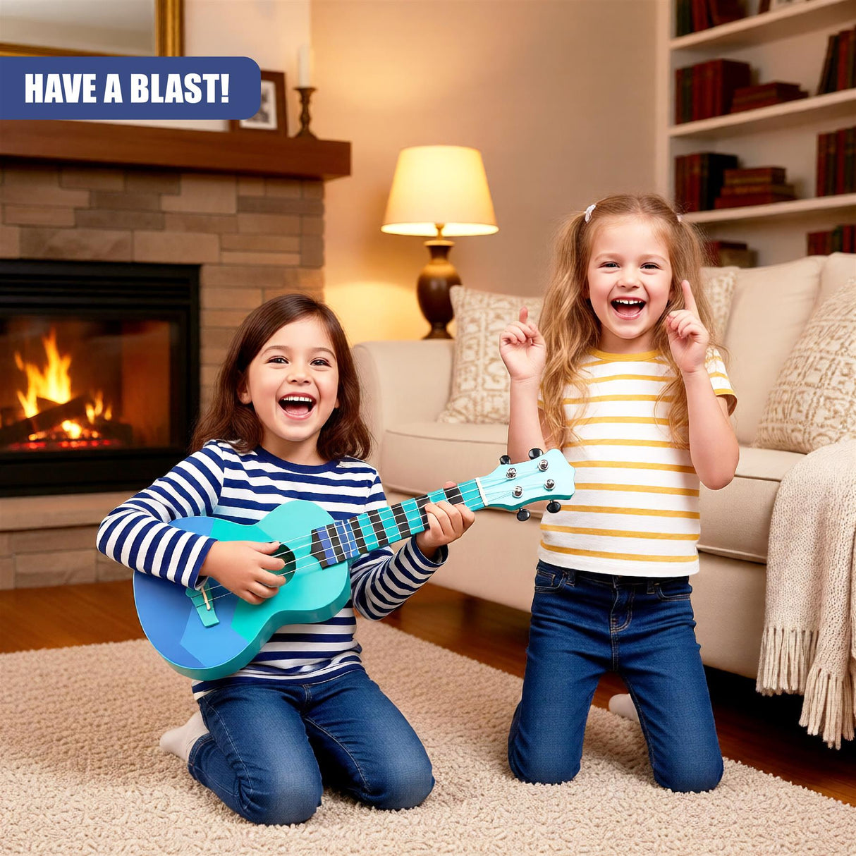 A young girl plays a blue guitar while another girl dances nearby. A living room with a fireplace, couch, and bookshelf is in the background. - UKBuyZone