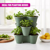 Tiered, stackable planters hold multiple pots of various green herbs and plants.