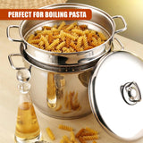 Stainless steel pasta pot set filled with pasta, displayed alongside an oil carafe and matching lid.