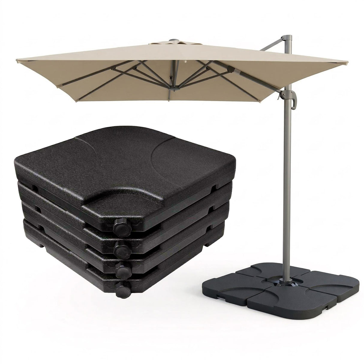 Beige patio umbrella on a stand next to a stack of four dark square outdoor cushions.