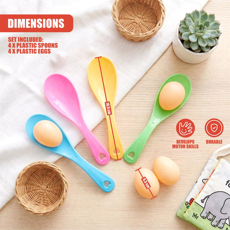 Five colored plastic scoops and multiple orange eggs are displayed on a light background surface.