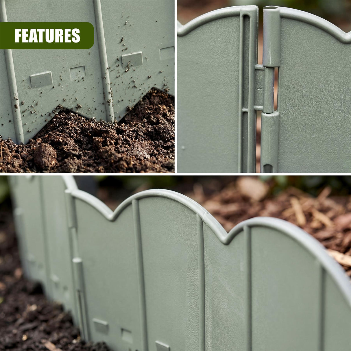 Green garden edging sections laid in soil, showing scalloped edges and connecting attachment tabs.