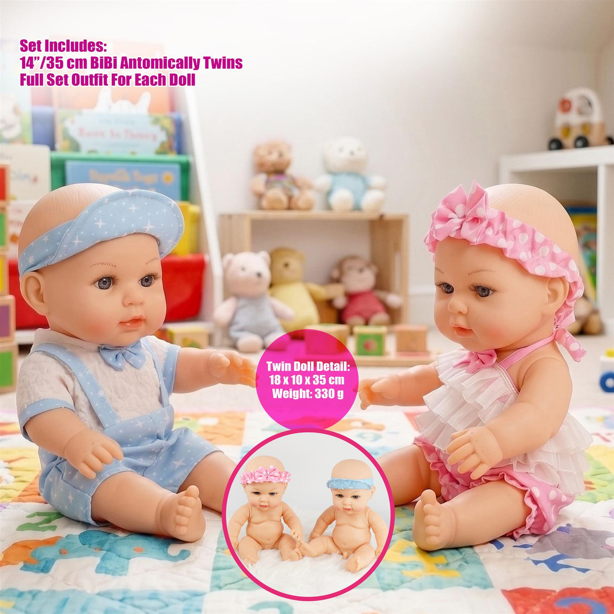 BiBi Anatomically Correct 14" Twin Dolls "Lucy & Lou"