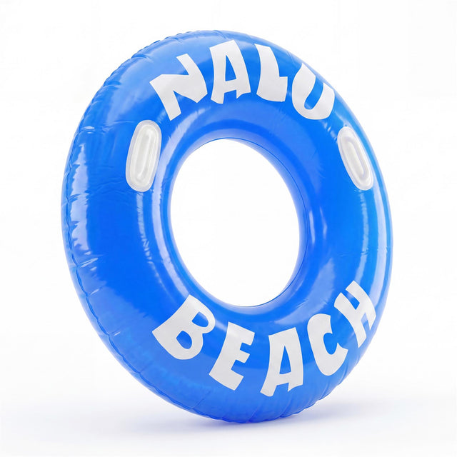 Blue inflatable ring printed with white block letters spelling "NALU" on the top and "BEACH" on the bottom.