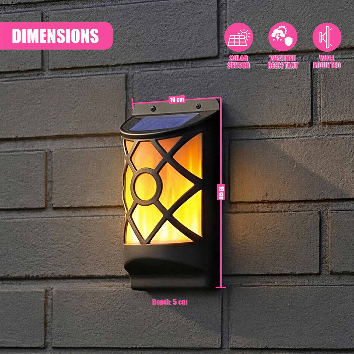 Diagram showing the wall lantern dimensions: 10 cm width, 18 cm height, and 5 cm depth.