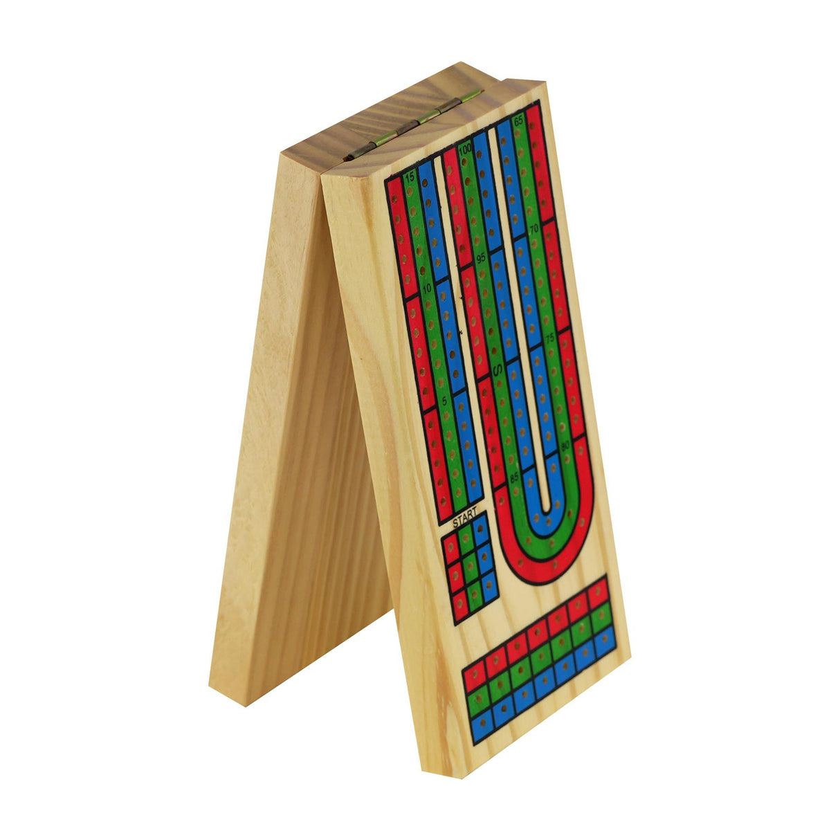 Wooden cribbage game board showing a painted scoring track, numbered path, and scoring grid.