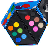 The paint palette features two sections containing various colored paint samples inside a blue case.
