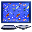 Blue lap tray cushion patterned with blue space designs, including planets and rockets.
