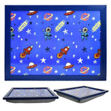 Blue lap tray cushion patterned with blue space designs, including planets and rockets.