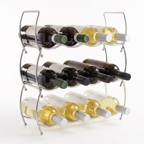 Three-tiered wire wine storage rack displaying various bottles of red and white wine.