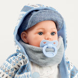 A blue baby doll with a hoodie in the image.