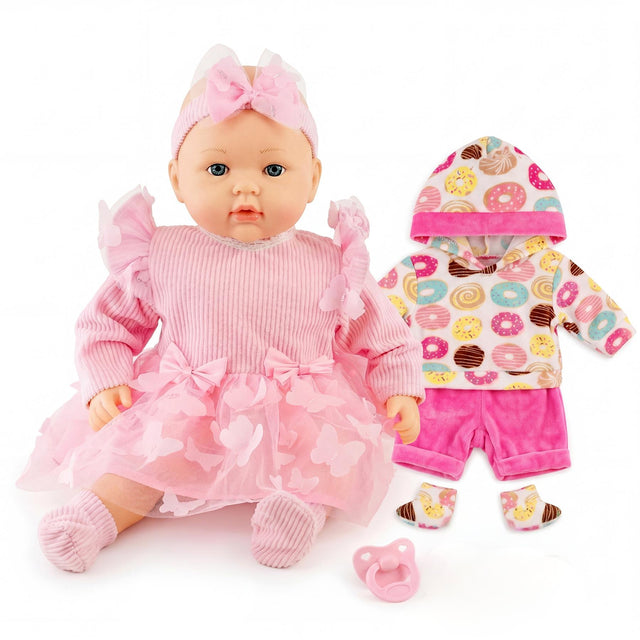 Pink doll in a ruffled dress, displayed with matching donut-patterned clothes and accessories.