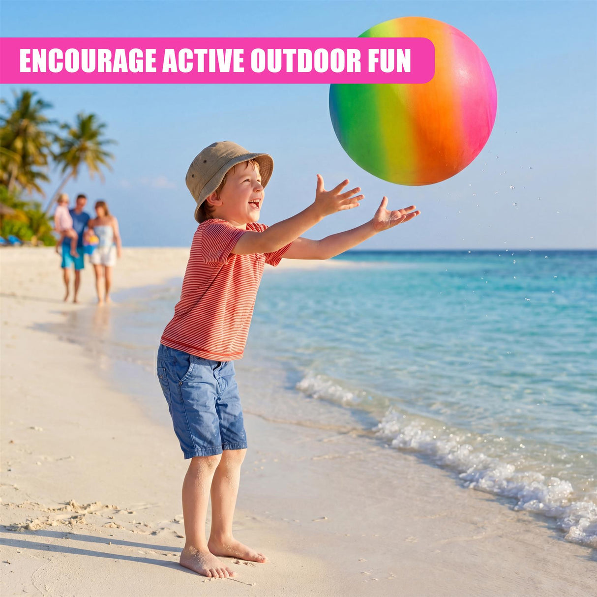 Boy on the beach plays with a large, rainbow-colored ball near the ocean and sandy shoreline.