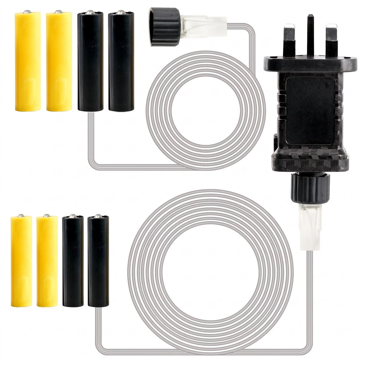 Geezy battery eliminator kit with two sets of yellow and black batteries, a coiled cable, and a UK mains plug adapter