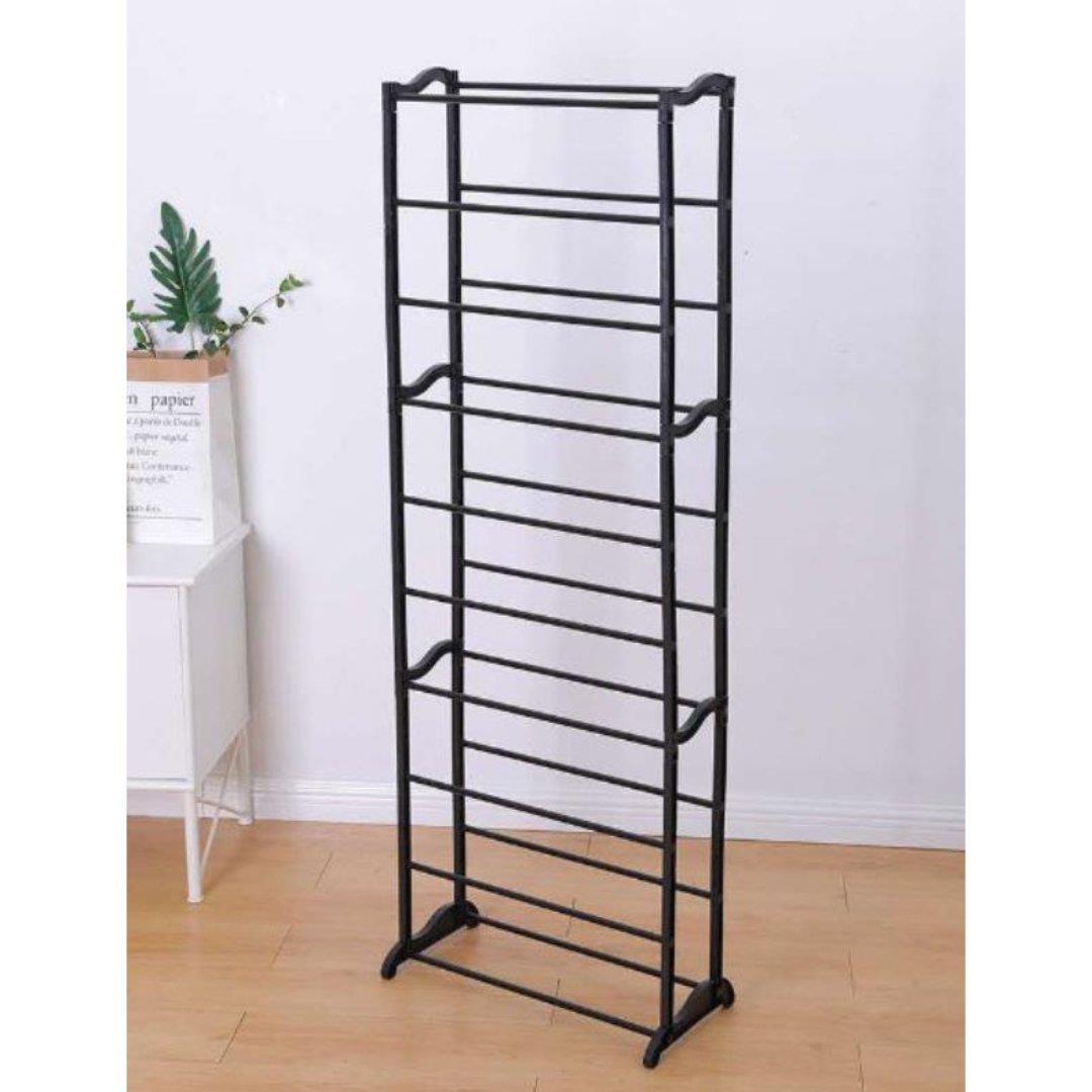 A black vertical shoe rack.