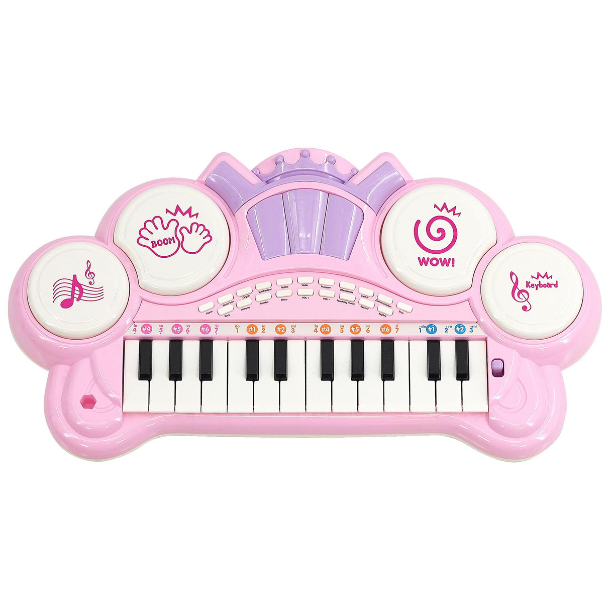 A pink, toy electronic keyboard with a variety of buttons and a small screen. - UKBuyZone