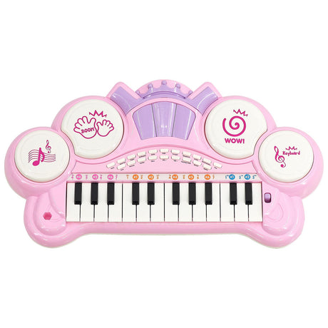 A pink, toy electronic keyboard with a variety of buttons and a small screen. - UKBuyZone