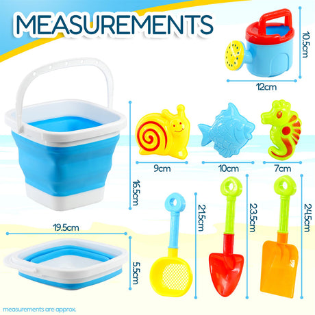 The image shows a children's beach play set that includes a foldable bucket, rake, shovel, and a measuring cup, all in different bright colors.