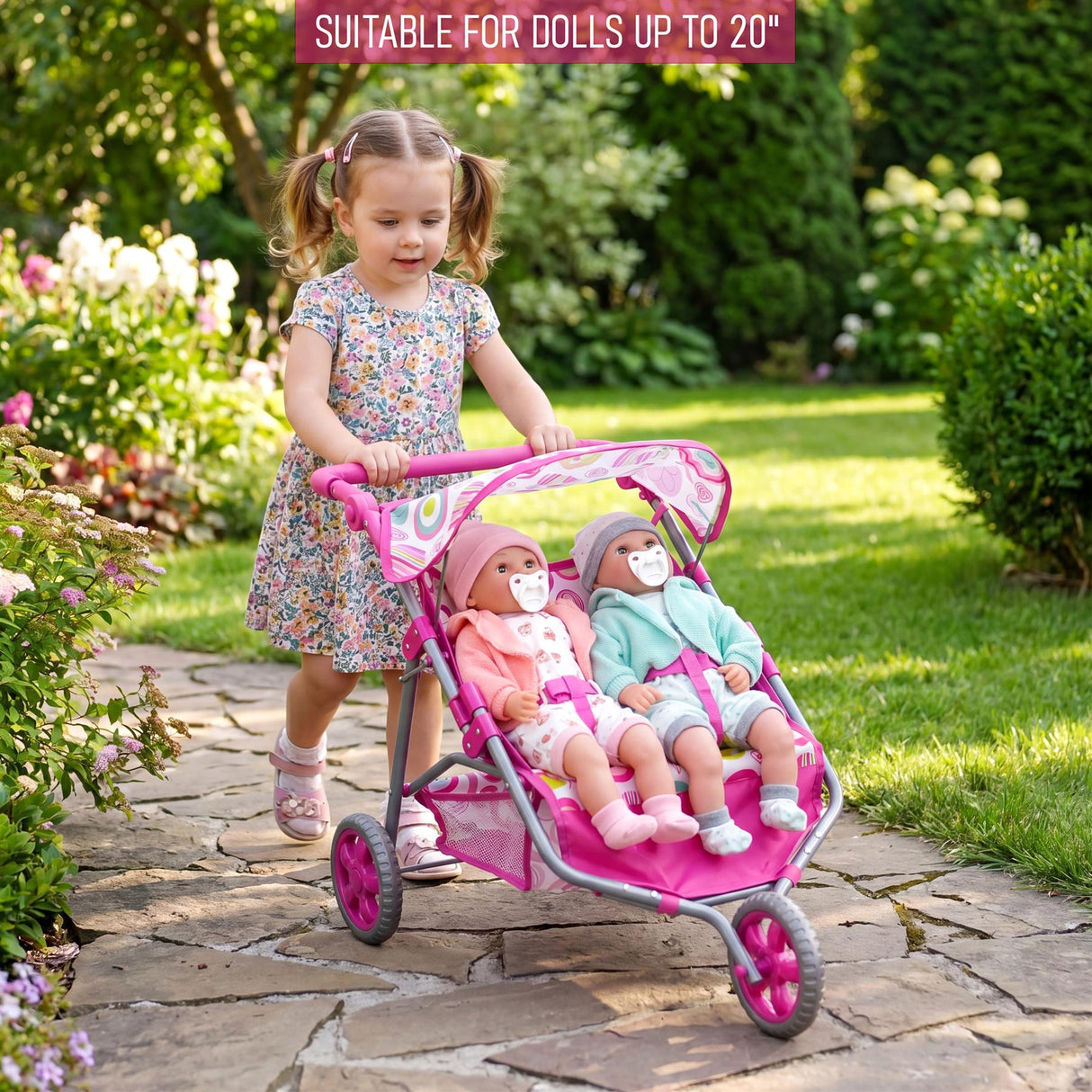 3 Wheeler Twin Doll's Pushchair, Pink