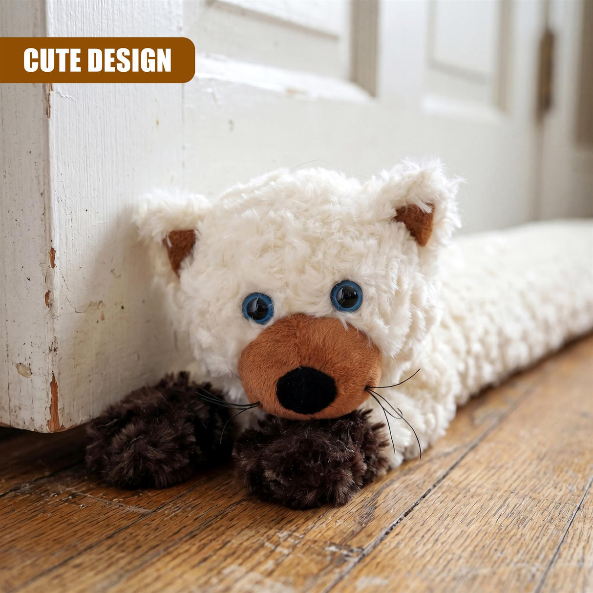 Cream knitted sloth novelty draught excluder with blue eyes and brown nose.