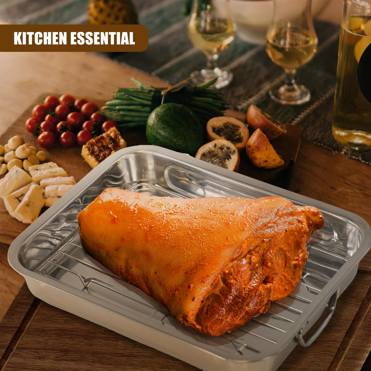 Metal roasting tray with a wire rack holding a large, roasted whole poultry item.