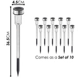 Diagram displays dimensions of a solar stake light and a grouping of ten included units.