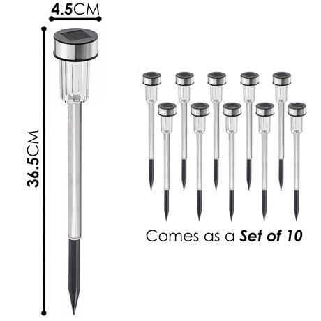 Diagram displays dimensions of a solar stake light and a grouping of ten included units.