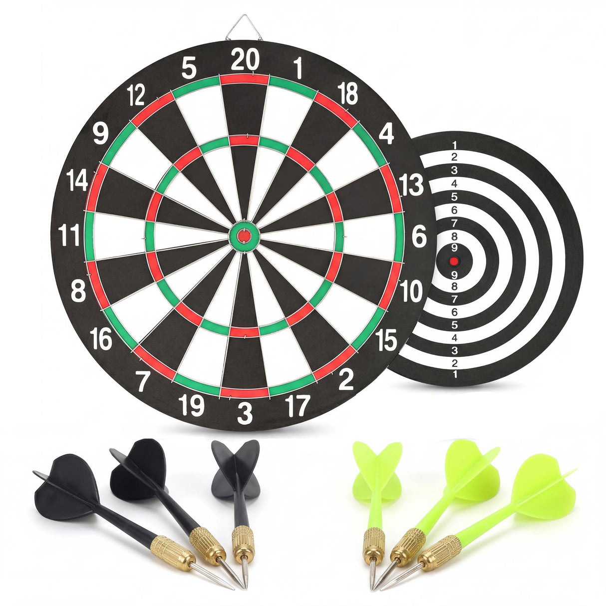 Large double-sided dartboard, small target, two black darts, and two neon yellow darts are visible.