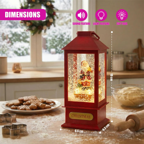 A red, lantern-style Christmas decoration featuring Santa Claus, lit interior, and dimensions displayed.