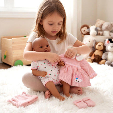 Pink embroidered dress, accessories, and matching outfit displayed on a reborn doll.