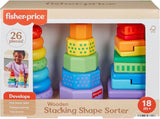 Three colorful stacks of geometric wooden blocks are displayed inside the product packaging.