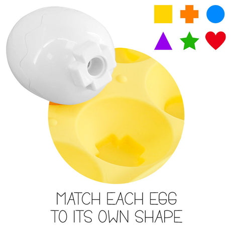 A set of squeaky eggs and colored geometric shapes for matching and play.